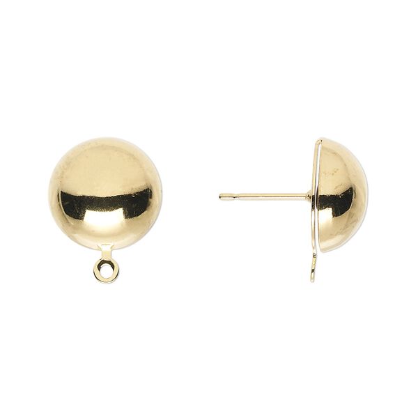 Earstud 1pkg10 gold-plated, 12mm half-ball / closed loop, steel / stainless steel 5 pair image number 0