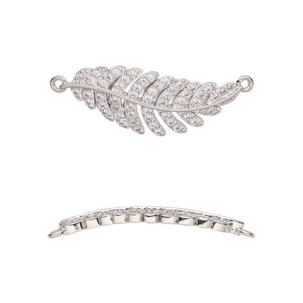 Link, cubic zirconia and silver-plated brass, clear, 26.5x10mm single-sided curved feather. Sold individually. image number 0