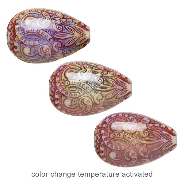 Bead, acrylic, multicolored, 23x15.5mm color-changing puffed teardrop with fancy design. Sold per pkg of 2. image number 0