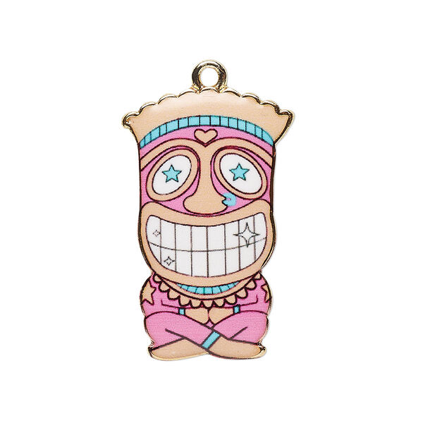 Focal, resin and gold-finished "pewter" (zinc-based alloy), peach / blue / pink, 31x19.5mm single-sided tiki. Sold individually. image number 0