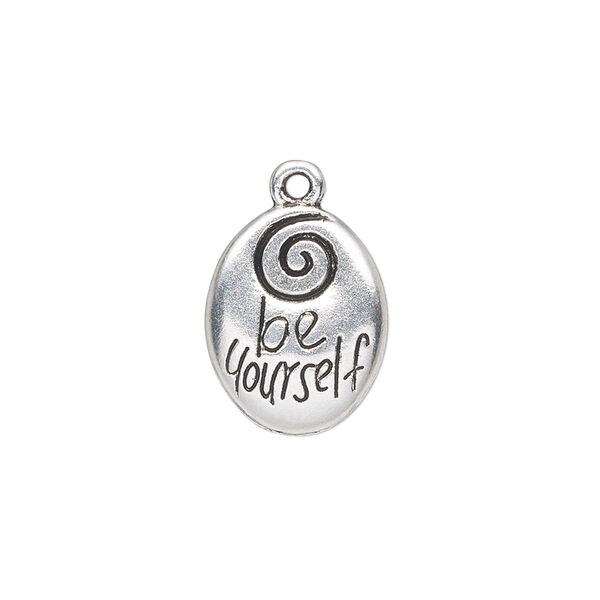 Drop, antique silver-plated "pewter" (zinc-based alloy), 17x13mm double-sided oval with "be yourself." Sold per pkg of 10. image number 0