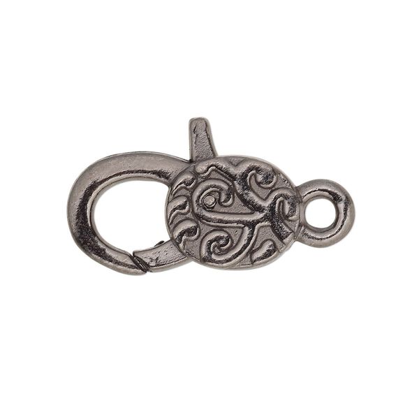 Clasp, lobster claw, gunmetal-plated "pewter" (zinc-based alloy), 24.5x13mm with double-sided swirl design. Sold per pkg of 4. image number 0