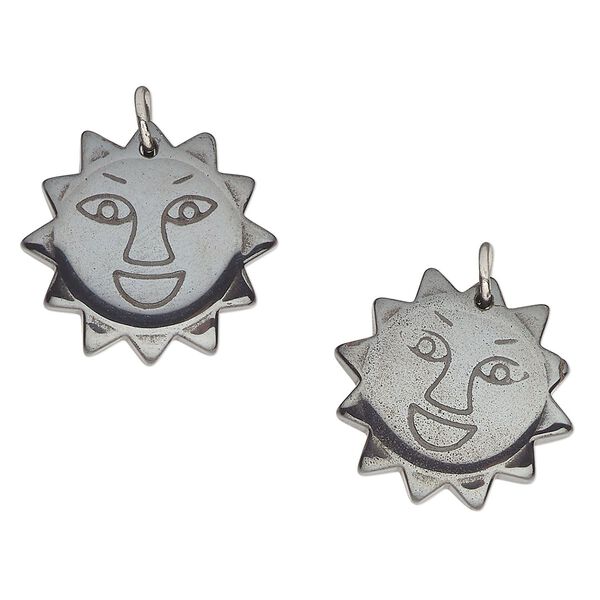 Hemalyke™ / "pewter" (zinc-based alloy) 1pkg2, silver-finished 1-sided carved sun drop 23mm image number 0