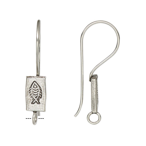 Ear wire, Hill Tribes, antiqued fine silver, 27mm fishhook with rectangle and stamped fish design with closed loop. Sold per pair. image number 0