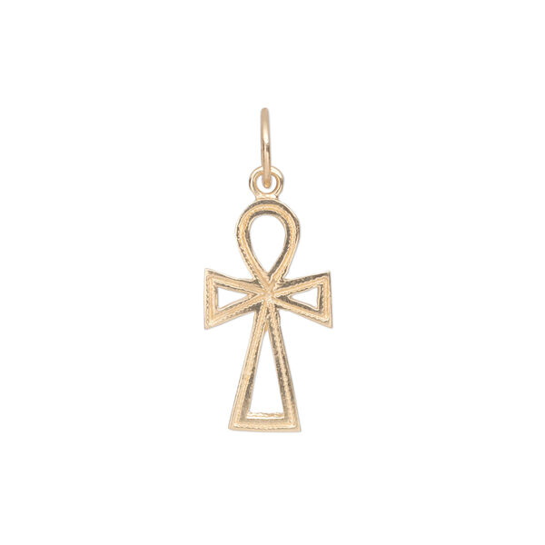 Charm, 14Kt gold, 20x10mm single-sided diamond-cut satin open ankh cross. Sold individually. image number 0