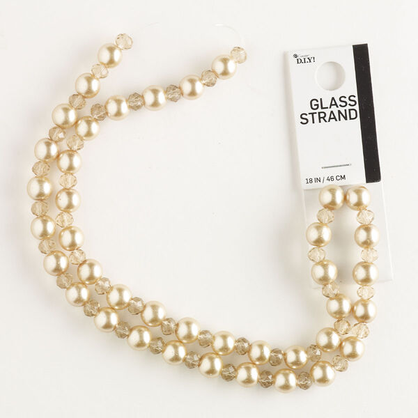 Bead mix, glass pearl and acrylic, opaque gold and translucent brown, 7-8mm round and 6x5mm faceted rondelle. Sold per 18-inch strand, approximately 80 beads. image number 0