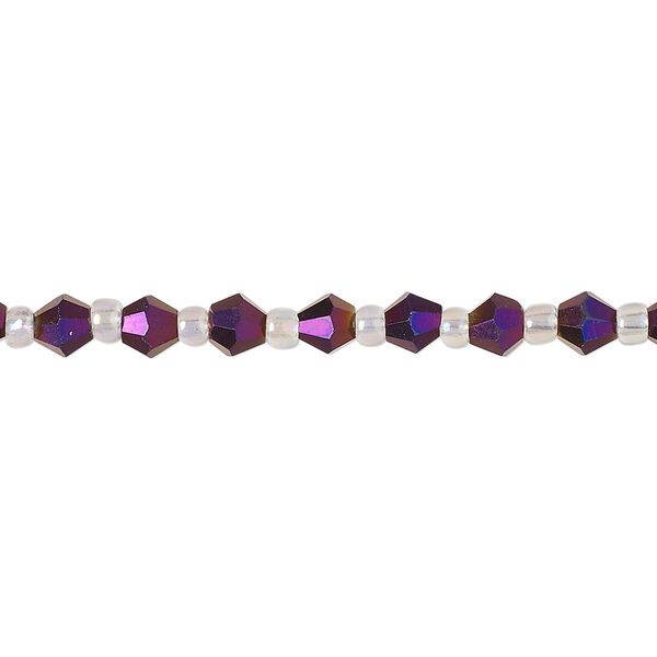 Bead, glass, pkg/8 inches, 4mm faceted bicone, purple AB. image number 0
