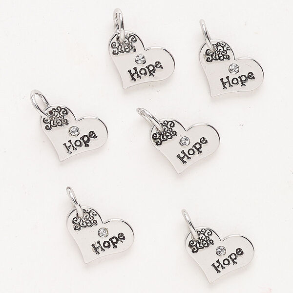 Drop "pewter" zinc-based alloy glass 6pk 12x9mm affirmation heart "Hope," antique silver finish clear image number 0