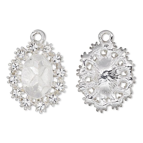 Drop, Almost Instant Jewelry®, crystals and silver-plated "pewter" (zinc-based alloy), crystal clear, 23x19mm single-sided oval with 14x10mm oval setting. Sold individually. image number 0