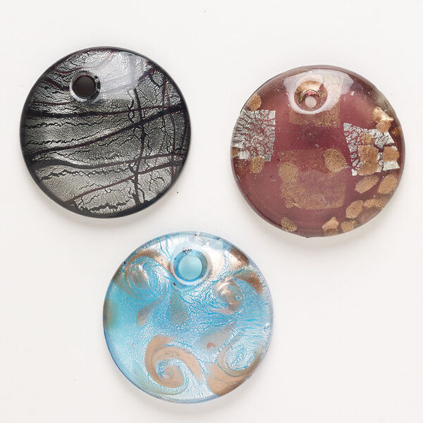 Focal, lampworked glass, pkg/3, opaque and translucent mixed colors with silver-colored foil and copper-colored glitter, 43-51mm domed round. image number 0