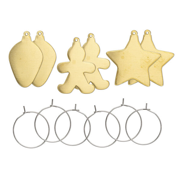 Ornament, ImpressArt®, brass and steel, assorted holiday shapes. Sold per pkg of 6. image number 0
