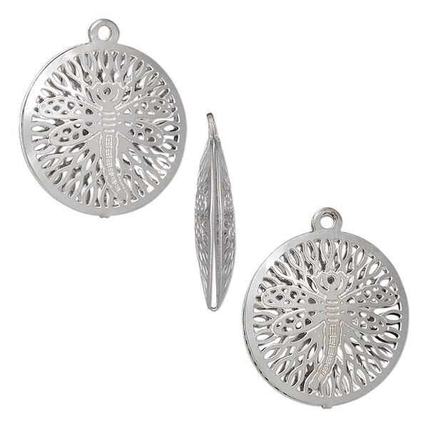 Drop, stainless steel, 18mm double-sided domed round with textured cut-out dragonfly design. Sold per pkg of 6. image number 0