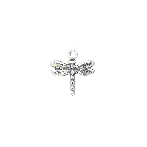 Charm, antiqued sterling silver, 13x11mm single-sided dragonfly. Sold individually. image number 0