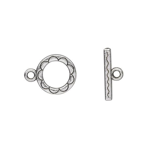 Clasp, toggle, antique silver-plated "pewter" (zinc-based alloy), 12mm double-sided round with scalloped design. Sold per pkg of 20. image number 0