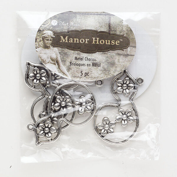 Focal, antique silver-finished "pewter" (zinc-based alloy), 35x21mm gourd with flowers. Sold per pkg of 5 focals. image number 0