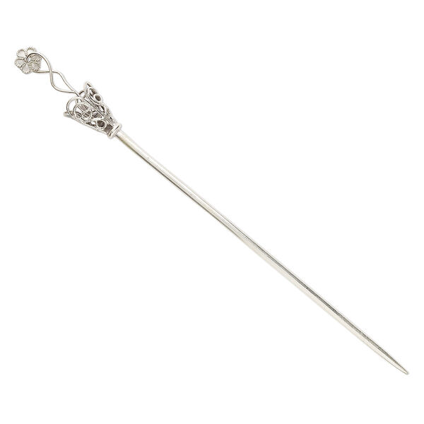 Hair stick, silver-plated "pewter" (zinc-based alloy), 5-1/2 inches with cone and flower dangle. Sold per pair. image number 0