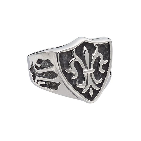 Ring, antiqued stainless steel, 22mm wide with shield and fleur-de-lis, size 12. Sold individually. image number 0