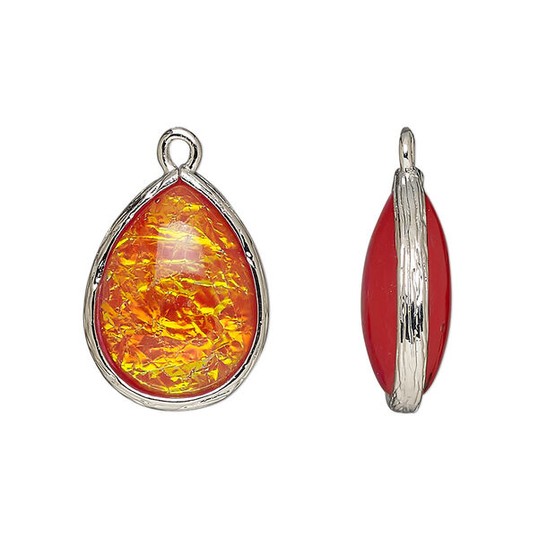 Drop, Opalized Ice™, "opal" (resin) and imitation rhodium-finished brass, opaque orange, 19.5x15mm double-sided teardrop. Sold per pkg of 4. image number 0