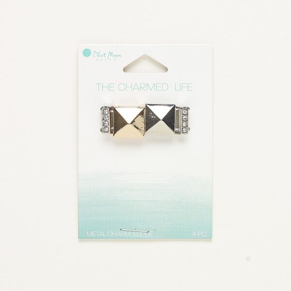 Slide mix, glass / copper- / silver-finished "pewter" (zinc-based alloy), clear, single- and double-drilled (2) 13x4mm rondelle and (2) 14mm pointed rectangle with 10mm hole. Sold per pkg of 4. image number 0