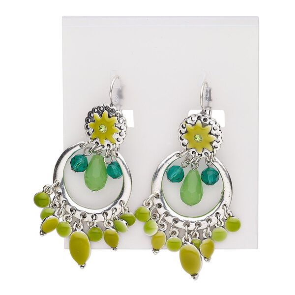Earring, enamel / glass / glass rhinestone / antique silver-plated steel / brass / "pewter" (zinc-based alloy), multi-green, 2-1/2 inches with round and dangles with leverback ear wire. Sold per pair. image number 0