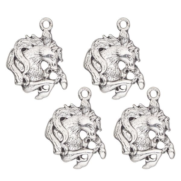 Charm, antique silver-finished "pewter" (zinc-based alloy) , 21x20mm single-sided stallion head. Sold per pkg of 4. image number 0