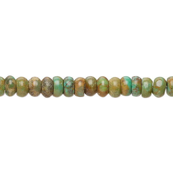 Bead, turquoise (dyed / stabilized), green-brown, 5x2mm-6x3mm rondelle with 0.8-1.1mm hole, C- grade, Mohs hardness 5 to 6. Sold per 15-1/2" to 16" strand. image number 0