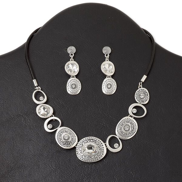 Necklace and earring set, antiqued silver-finished "pewter" (zinc-based alloy) and steel / glass rhinestone / leather (dyed), black and clear, irregular oval, 15" to 16" necklace with lobster claw clasp and 3-inch extender chain, 1-3/4 inch earring with post. Sold per set. image number 0