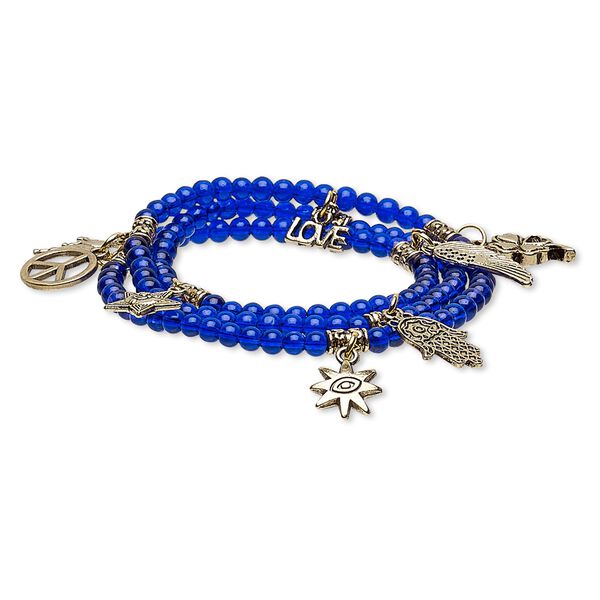 Bracelet, stretch wrap, glass and antique gold-finished "pewter" (zinc-based alloy), cobalt, 14mm wide with assorted shape, 6-1/2 inches. Sold individually. image number 0