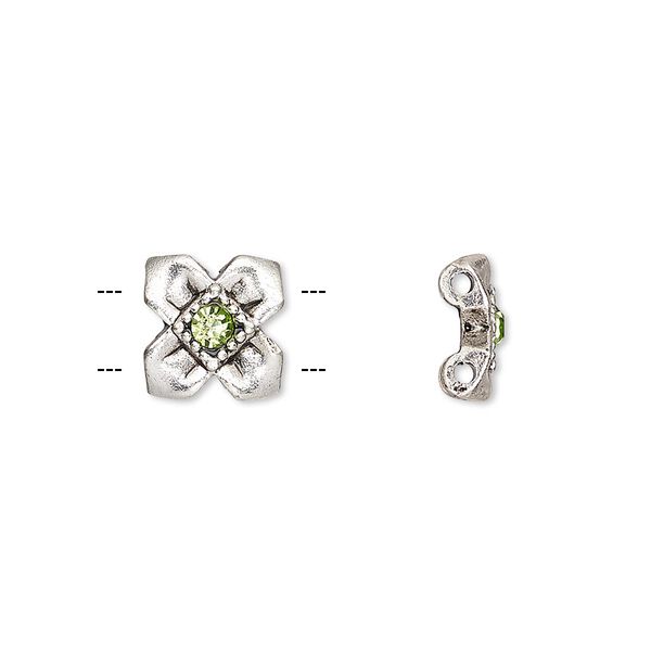 Spacer, glass rhinestone and antique silver-finished "pewter" (zinc-based alloy), green, 10x10mm single-sided 2-strand flower, fits up to 5mm bead. Sold per pkg of 6. image number 0
