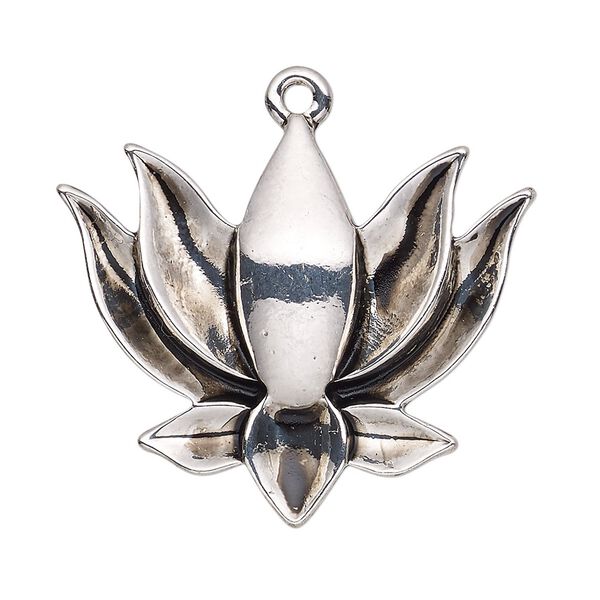Focal, antique silver-finished "pewter" (zinc-based alloy), 38x32mm single-sided lotus. Sold per pkg of 4. image number 0