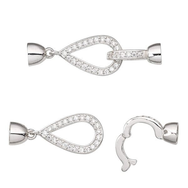 Clasp, single latch fold-over, cubic zirconia and rhodium-plated brass, clear, 31x9.5mm teardrop with glue-in ends, 3.5mm inside diameter. Sold individually. image number 0