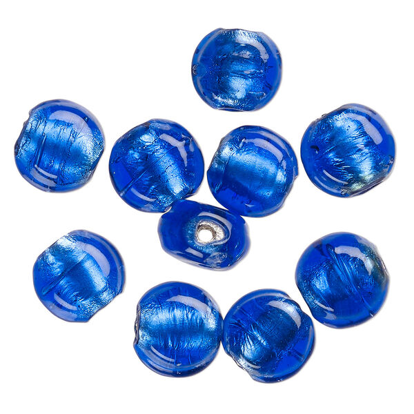 Bead, lampworked glass, opaque cobalt blue, 12x7mm-10x6mm flat round with silver-colored foil. Sold per pkg of 10. image number 0