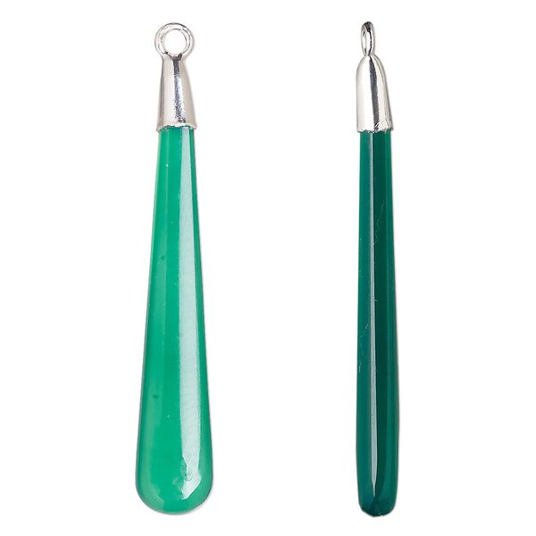 Focal, sterling silver and green onyx (dyed), 41x7mm hand-cut double-sided long teardrop, Mohs hardness 6-1/2 to 7. Sold individually. image number 0