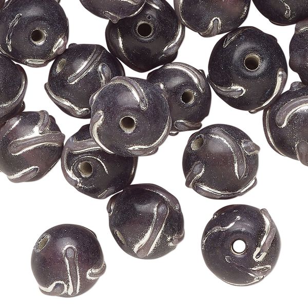 Bead, lampworked glass, translucent dark purple and silver, 10mm round. Sold per 2-ounce pkg, approximately 35 beads. image number 0