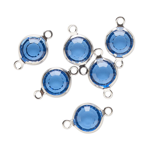 Link, Vintage Crystal™, crystal and imitation rhodium-finished brass, light sapphire, 9mm round. Sold per pkg of 6. image number 0