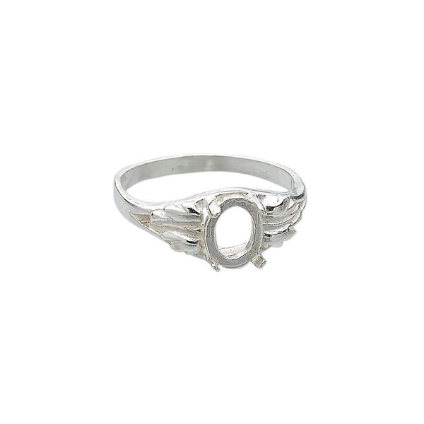 Ring, Sure-Set™, sterling silver, two-leaf band with 8x6mm 4-prong oval setting, size 7. Sold individually. image number 0