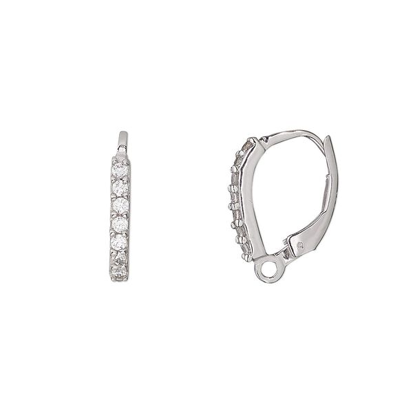 Ear wire leverback 1pkg2 sterling silver / cubic zirconia, 16mm / closed loop, clear 1 pair image number 0