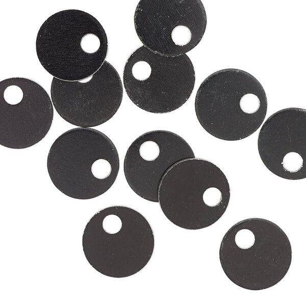 Drop, anodized aluminum, black, 9mm double-sided flat round blank with 2mm hole, 20 gauge. Sold per pkg of 20. image number 0