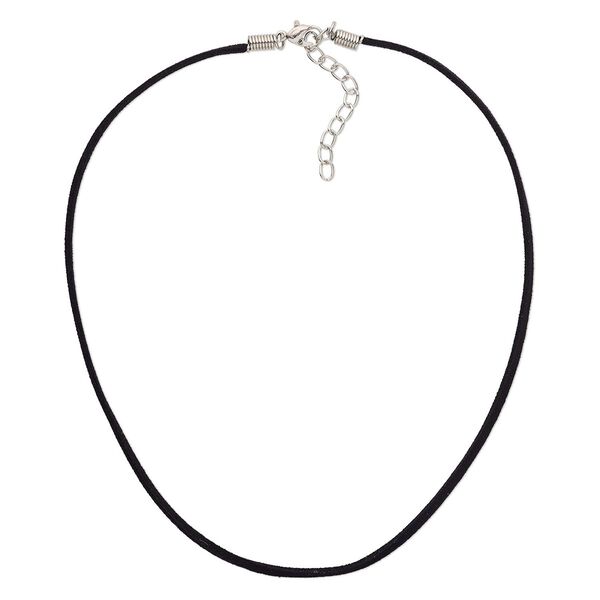 Necklace cord, faux suede with silver-plated steel and "pewter" (zinc-based alloy), black, 2.5-3mm wide, 16 inches with 3-inch extender chain and lobster claw clasp. Sold per pkg of 10. image number 0