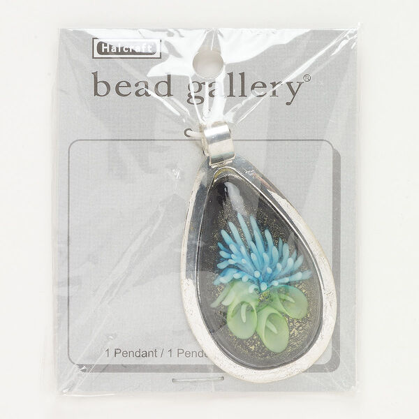 Pendant, silver-finished brass and lampworked glass, black / blue / green, 57x37mm teardrop with flower and green-colored foil. Sold individually. image number 0