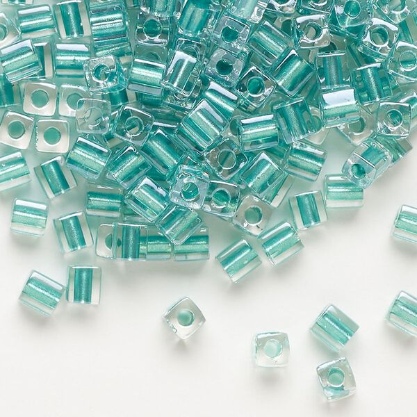 Seed bead, Miyuki, glass, pkg/25g, 3.5-3.7mm square, transparent metallic teal inside dyed color clear (SB-2605). image number 0
