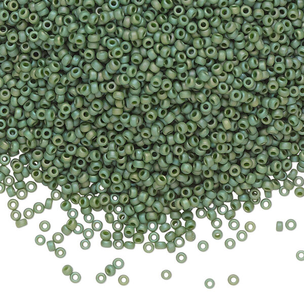 Seed bead, Miyuki, glass, pkg/35g, #15 rocaille, opaque matte rainbow basil green, (RR-4700). image number 0