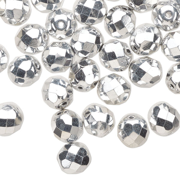 Bead 1pkg1 Czech fire-polished glass, 8mm faceted round, half-mass opaque metallic silver image number 0