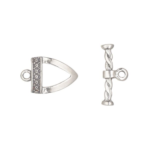 Clasp, toggle, antiqued sterling silver, 14.5x14x10.5mm single-sided curved triangle with design. Sold individually. image number 0