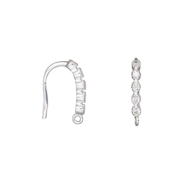 Ear wire fishhook 1pkg2 sterling silver / cubic zirconia, 15.5mm / open loop, 19 gauge clear 1 pair image number 0