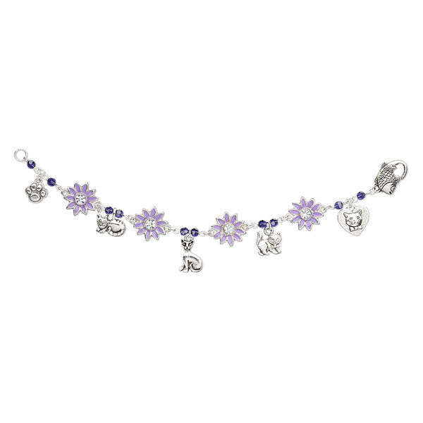 Bracelet, One of a Kind Jewelry, silver-plated brass / enamel / crystal, purple, 7 inches. Only one available. image number 0