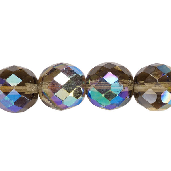 Bead, Czech fire-polished glass, pkg/15-1/2 to 16 inches, 12mm faceted round, translucent smoke AB, (40020-28701). image number 0