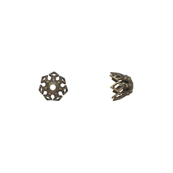 Bead cap, antique gold-plated brass, stamped, 7x5mm fancy basket with cutout pattern, fits 7-10mm bead. Sold per pkg of 50. image number 0