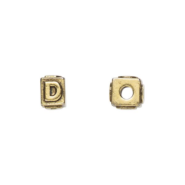 Bead, antique gold-plated pewter (tin-based alloy), 8x6mm rectangle with alphabet letter "D." Sold per pkg of 4. image number 0