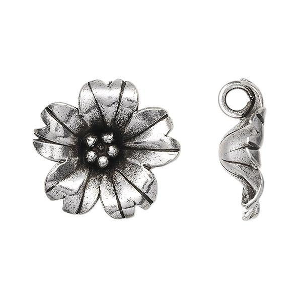 Charm, Hill Tribes, antiqued sterling silver, 20mm flower. Sold individually. image number 0
